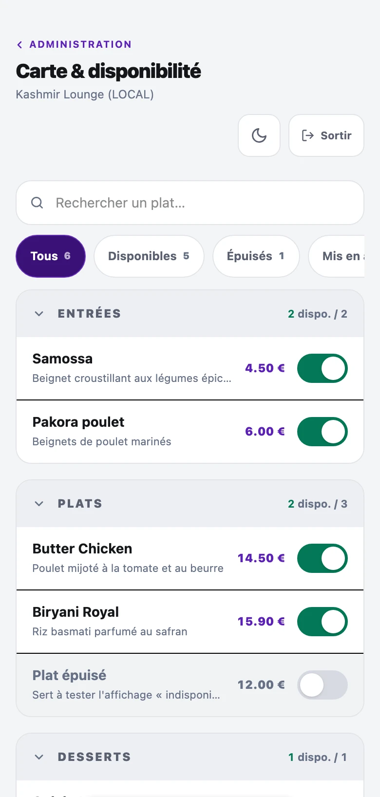 Capture réelle de l'administration Piloteat sur téléphone : carte du restaurant, prix et interrupteur de disponibilité (Butter Chicken, Biryani Royal, plat épuisé).