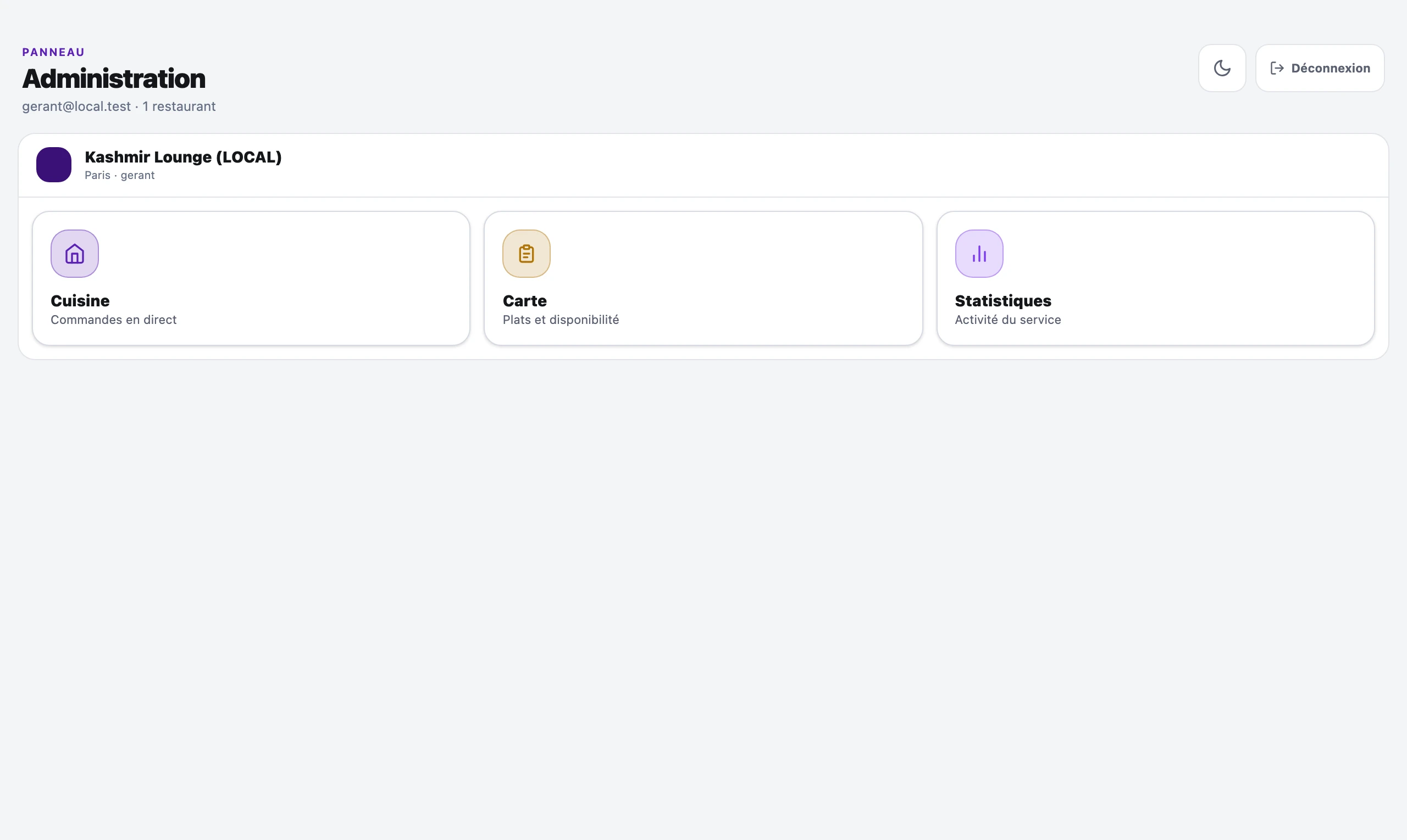 Capture réelle du hub d'administration Piloteat : trois modules réels — Cuisine (commandes en direct), Carte (plats et disponibilité), Statistiques (activité du service).